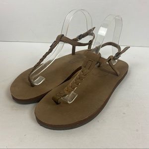 Rainbow Brown Braided Leather T-Strap Sandals